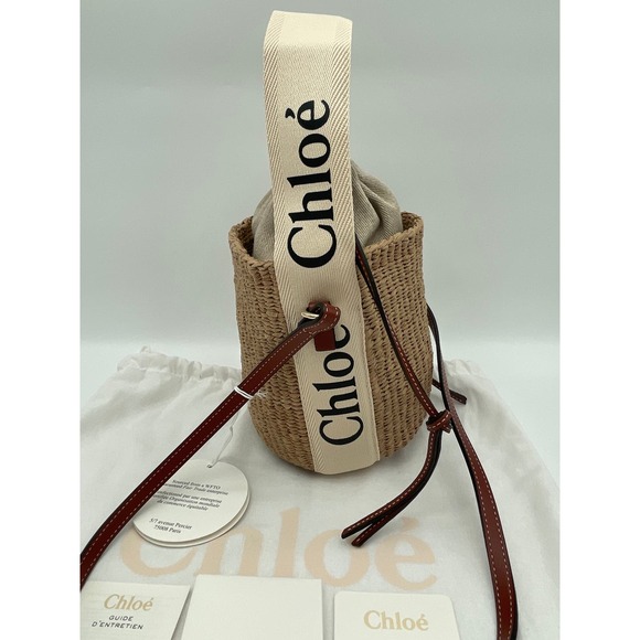 NEW CHLOE SMALL WOODY BASKET BUCKET RAFFIA STRAW SHOULDER BAG PURSE - Picture 8 of 14